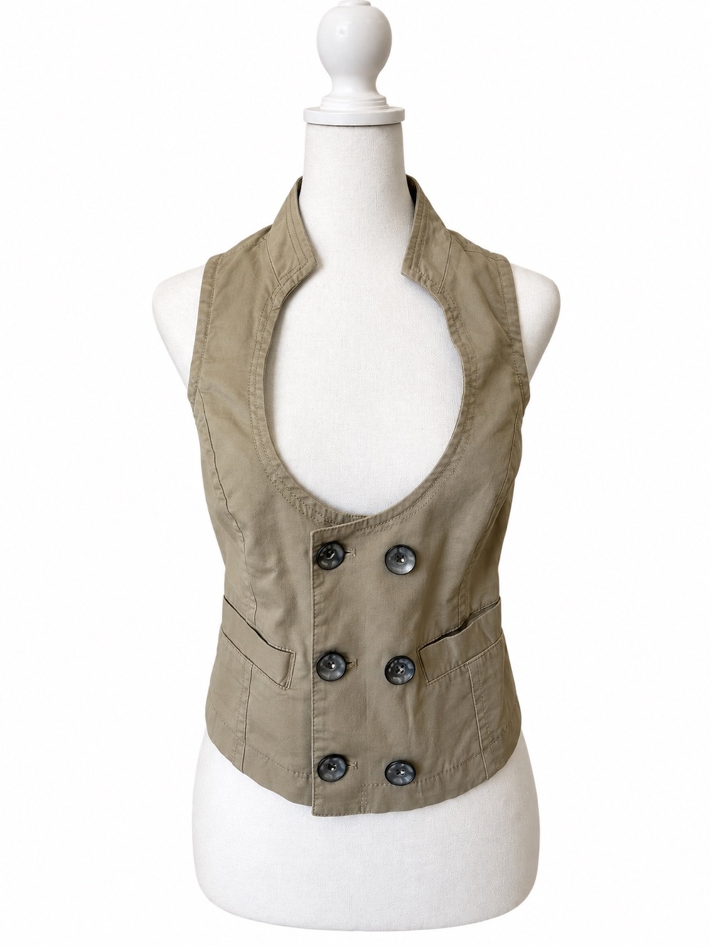 DKNY Olive Green Double-Breasted Sleeveless Vest